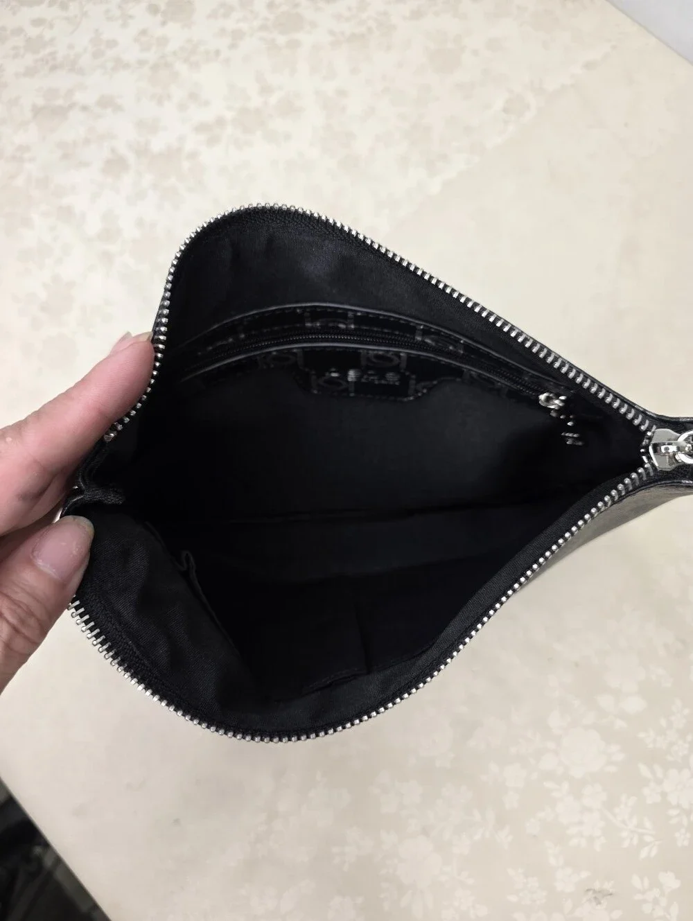 Bebe Black Silver All Over Monogram Logo Zip Wristlet Handbag Evening Bag
